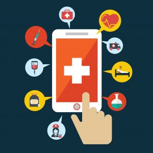 Health application on a smartphone. Open with hand cursor. Vector icon